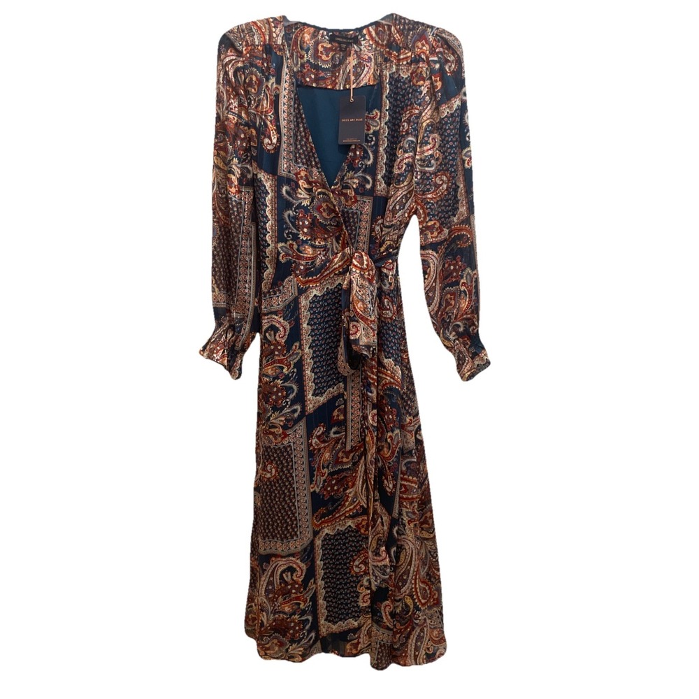 NWT Skies are Blue Wrap Maxi Dress  Patch Print Bohemian Boho X-SMALL  Teal/Rust